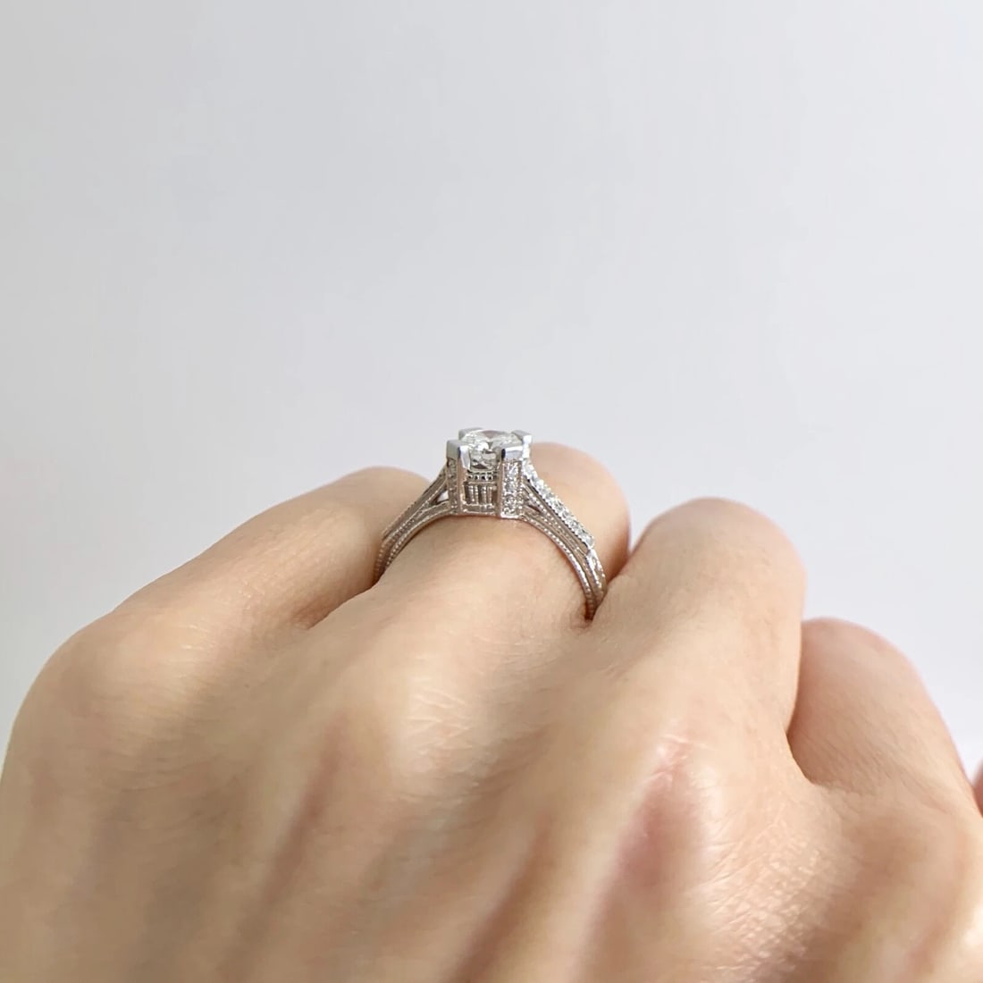 Round Diamond Milgrain Pave Textured Engagement Ring Platinum .75 CTW - 6