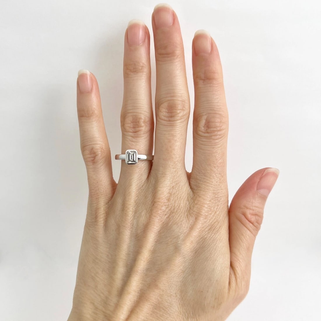 Emerald Cut Bezel Solitaire Diamond Engagement Ring 18K White Gold .51 CT - 3