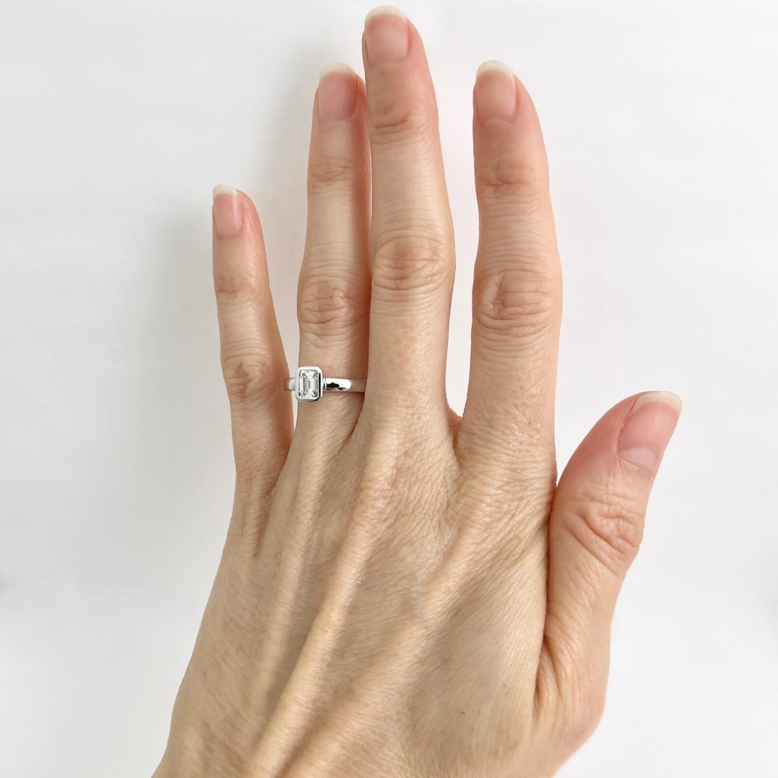 Emerald Cut Bezel Solitaire Diamond Engagement Ring 18K White Gold .51 CT - 4