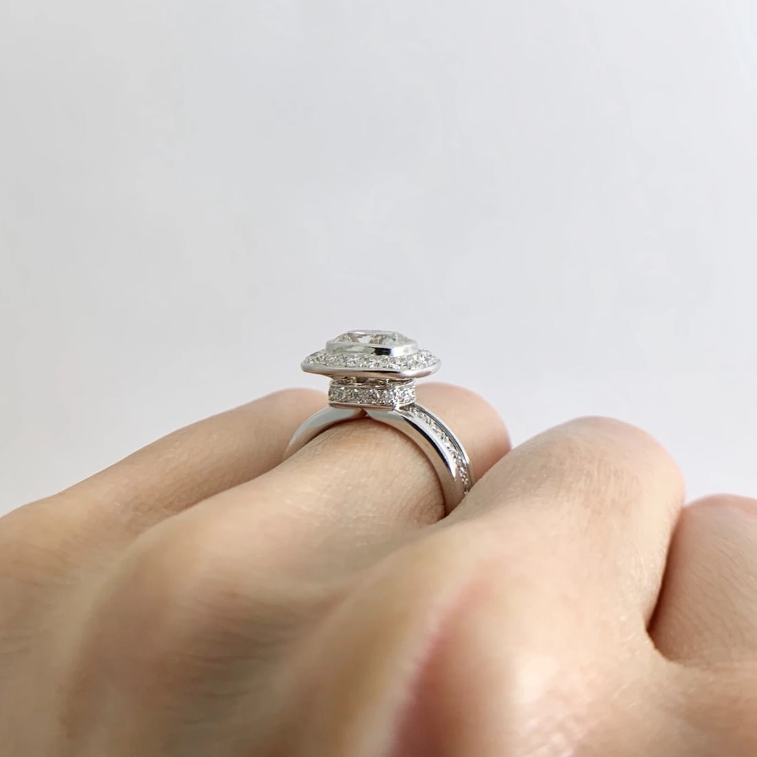 Cushion Diamond Bezel Halo Eternity Engagement Ring 18K White Gold, 3.30 CTW - 6