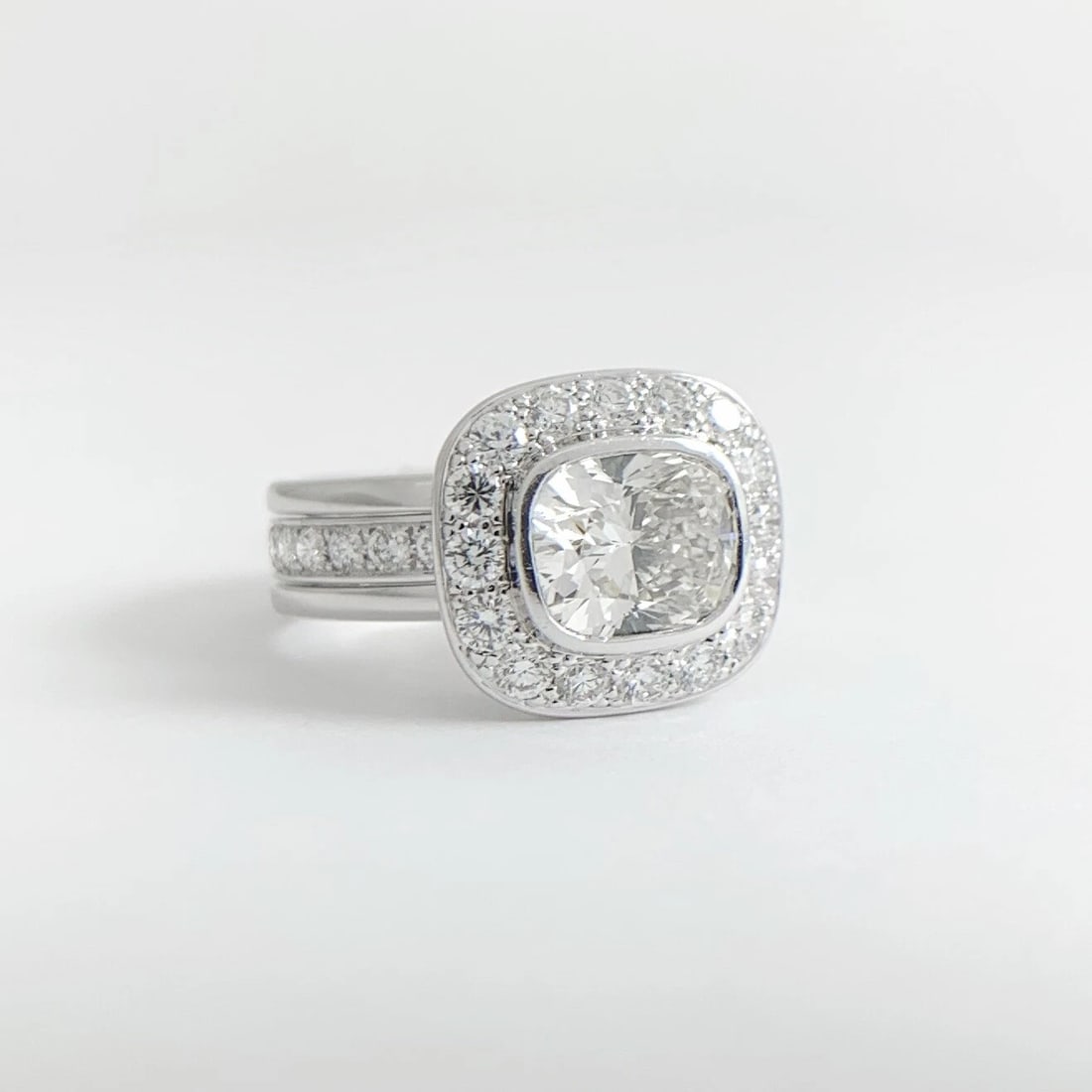 Cushion Diamond Bezel Halo Eternity Engagement Ring 18K White Gold, 3.30 CTW - 8