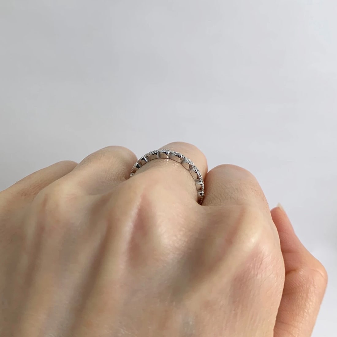 Marquise Round Milgrain Diamond Eternity Ring Wedding Band 14K White Gold, 6.75 - 6