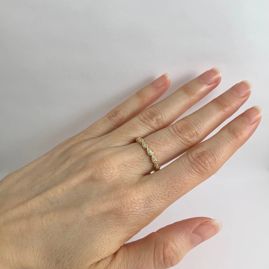 Pear Milgrain Diamond Eternity Ring Wedding Band 14K Yellow Gold, Size 6.5 - 5