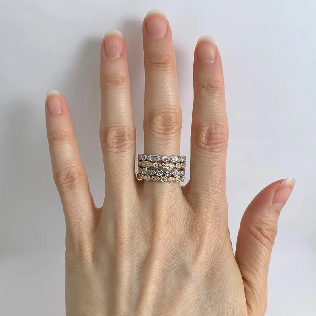 Marquise Round Milgrain Diamond Eternity Ring Wedding Band 14K Yellow Gold, Sz 7 - 9