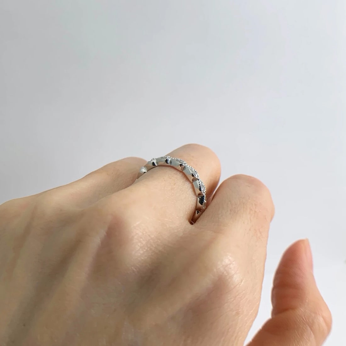 Scalloped Milgrain Diamond Eternity Wedding Band Ring 14K White Gold, 3.07 Grams - 6