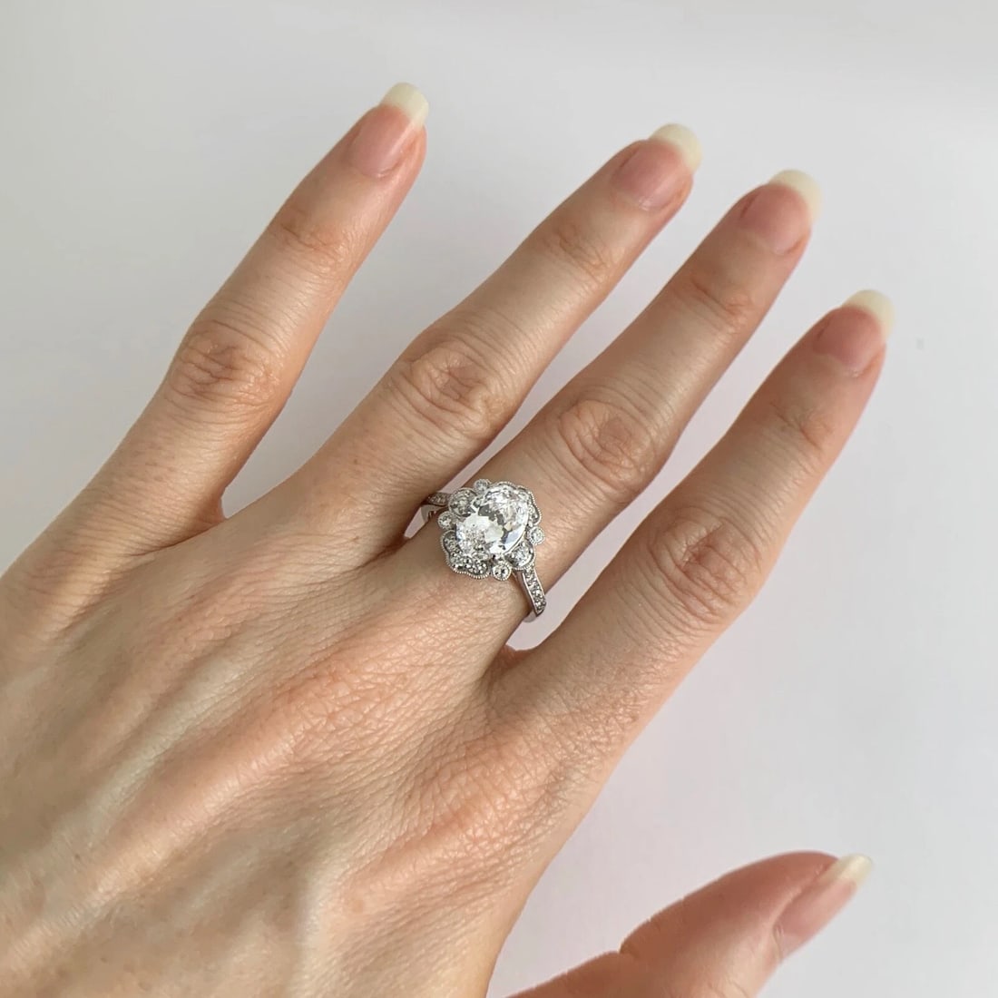 Oval Milgrain Halo Diamond Platinum Engagement Ring Setting Mounting, 5.15 Grams - 7