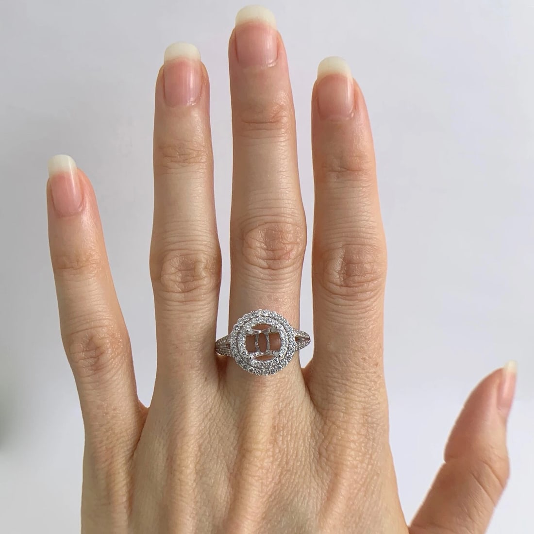 Round Double Halo Diamond Engagement Ring Setting Mounting 14K White Gold - 3