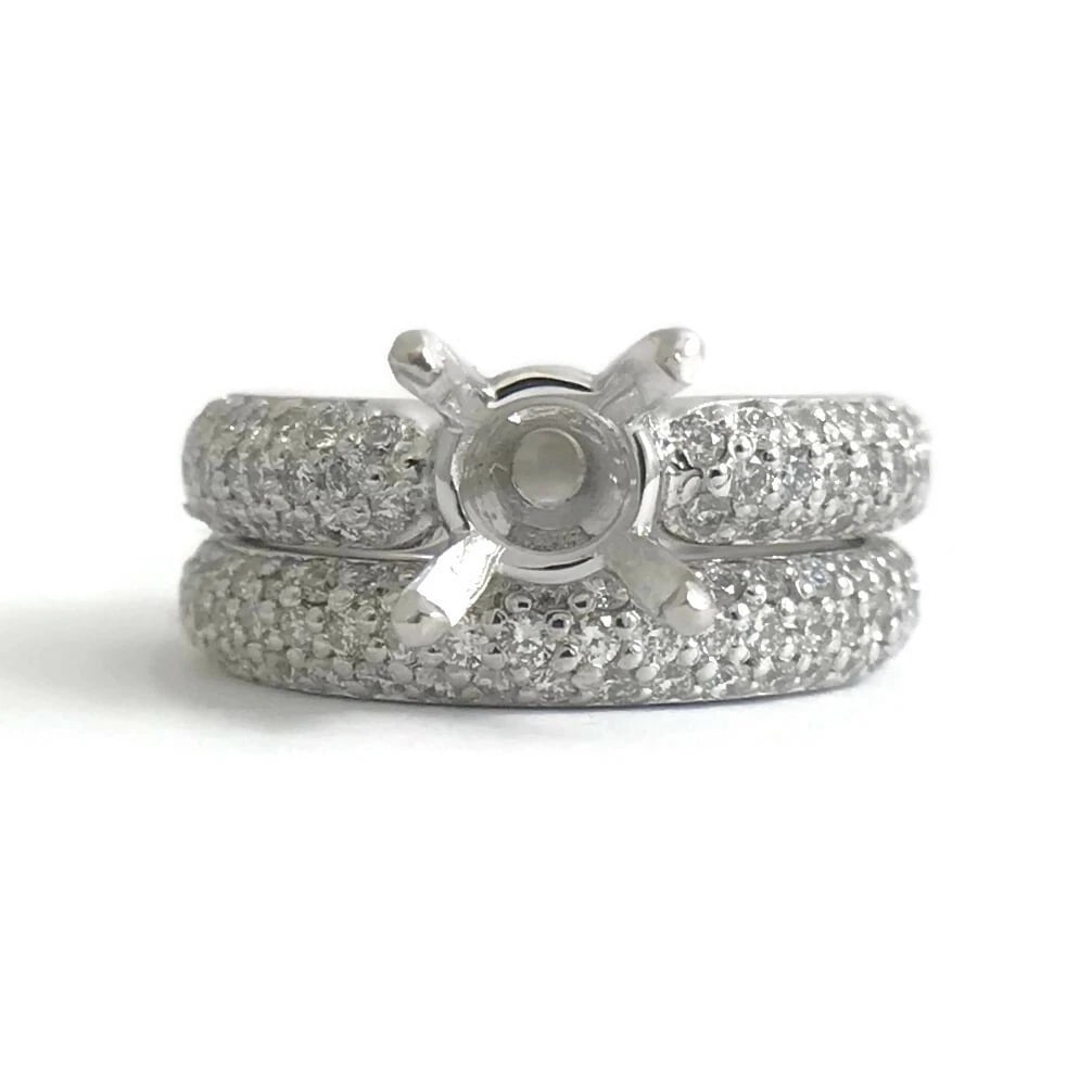 Pave Diamond Engagement Ring Mounting Band Set Platinum 14K White Gold 12.96 Gr - 2