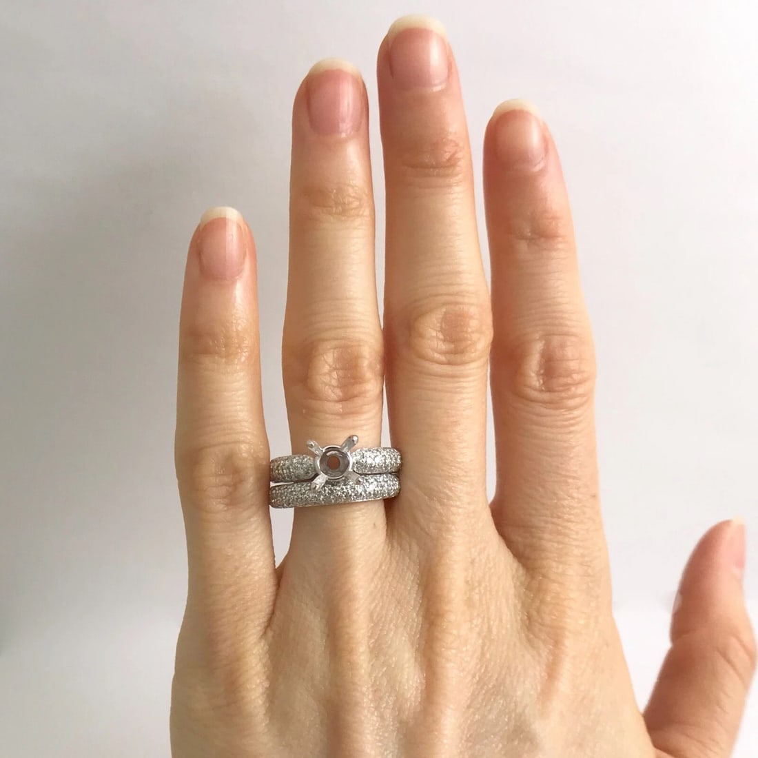 Pave Diamond Engagement Ring Mounting Band Set Platinum 14K White Gold 12.96 Gr - 3