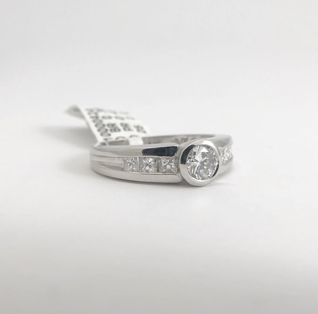 Round Bezel Princess Channel-Set Diamond Engagement Ring 14K White Gold .83 CTW - 7