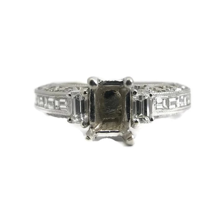 Baguette Round Diamond Engagement Ring Setting Mounting 18K White Gold, 1.29 CTW - 2