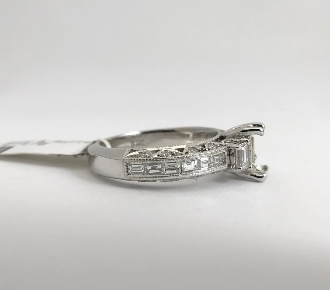 Baguette Round Diamond Engagement Ring Setting Mounting 18K White Gold, 1.29 CTW - 7