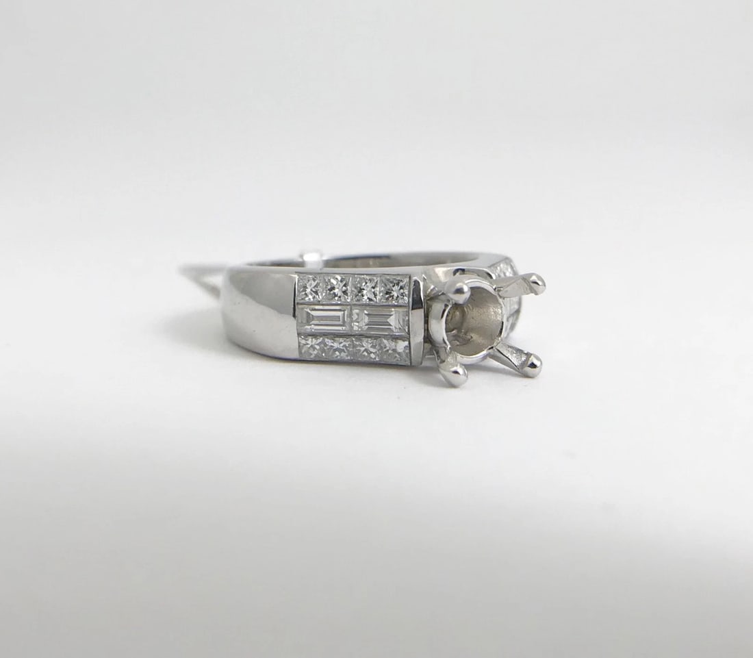 Wide Baguette Princess Diamond Platinum Engagement Ring Setting Mounting .85 CTW - 6