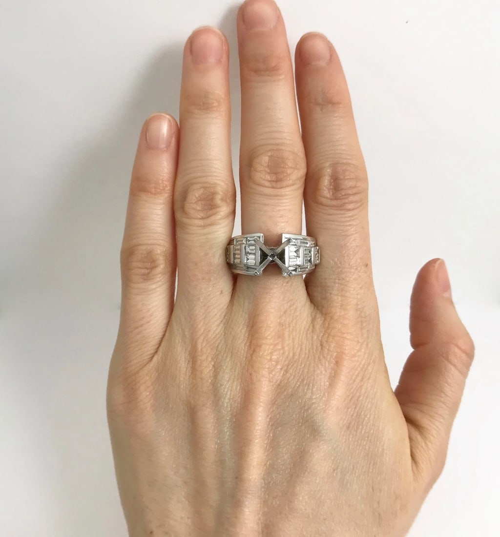 Wide Baguette Diamond Engagement Ring Setting Mounting 14K White Gold, 2.19 CTW - 3