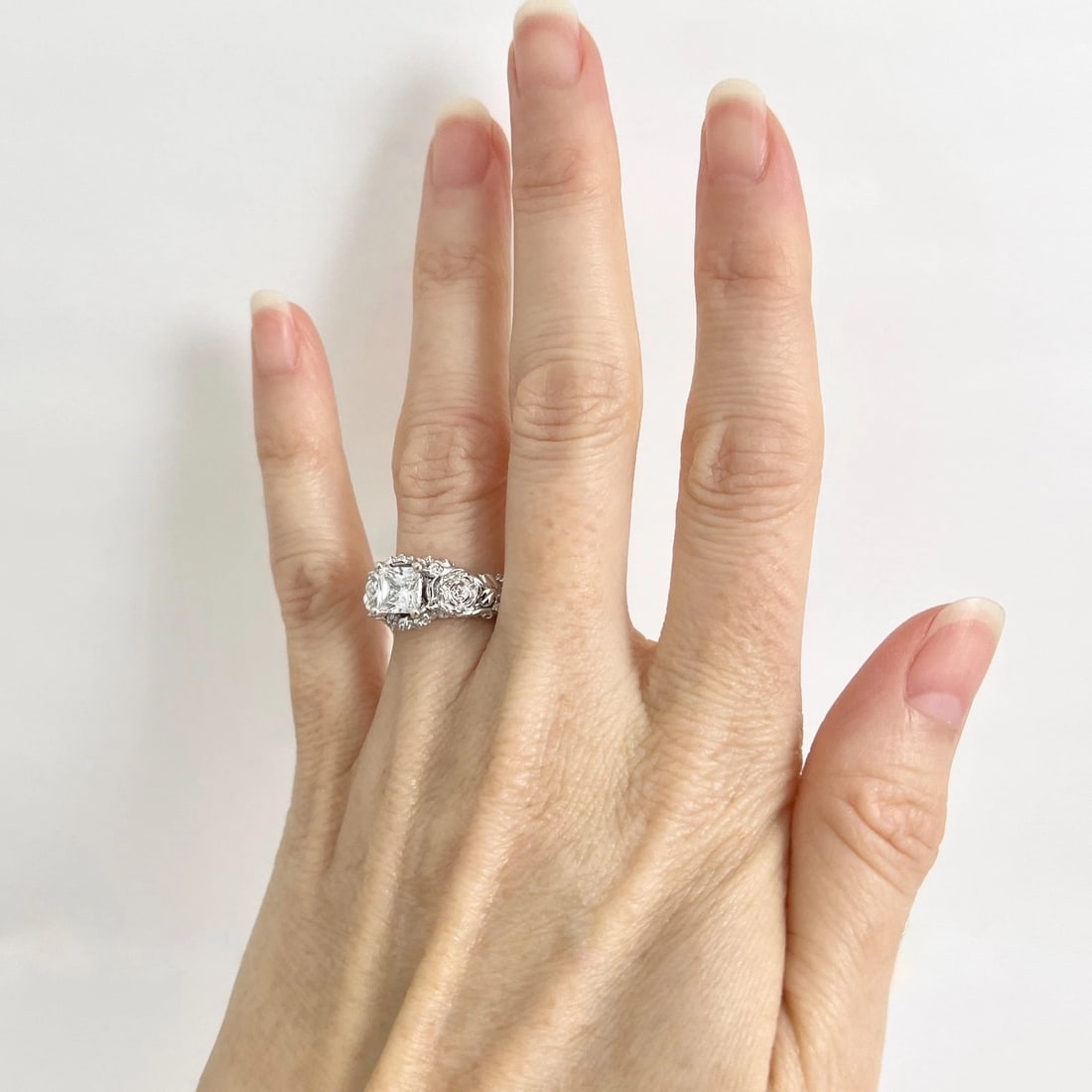 Princess Cut CZ Cubic Zirconia Flower Engagement Ring 10K White Gold, 6.67 Grams - 4