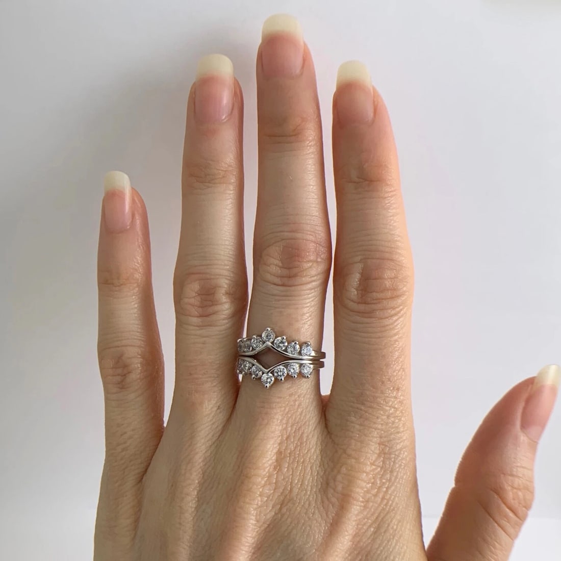 CZ Cubic Zirconia Curved Matching Wedding Band Ring Set 14K White Gold, 3.65 Gr - 4