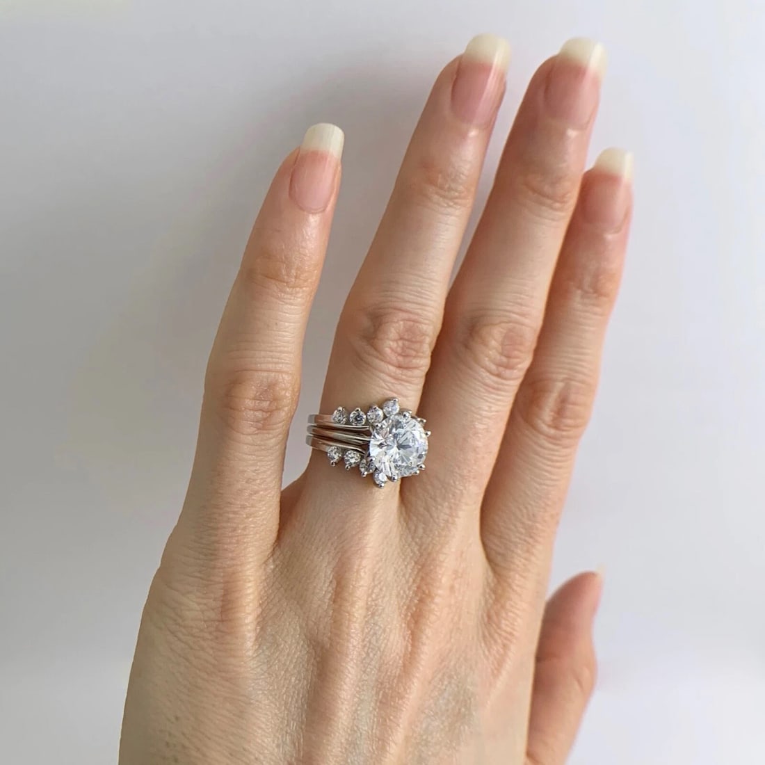 CZ Cubic Zirconia Curved Matching Wedding Band Ring Set 14K White Gold, 3.65 Gr - 7