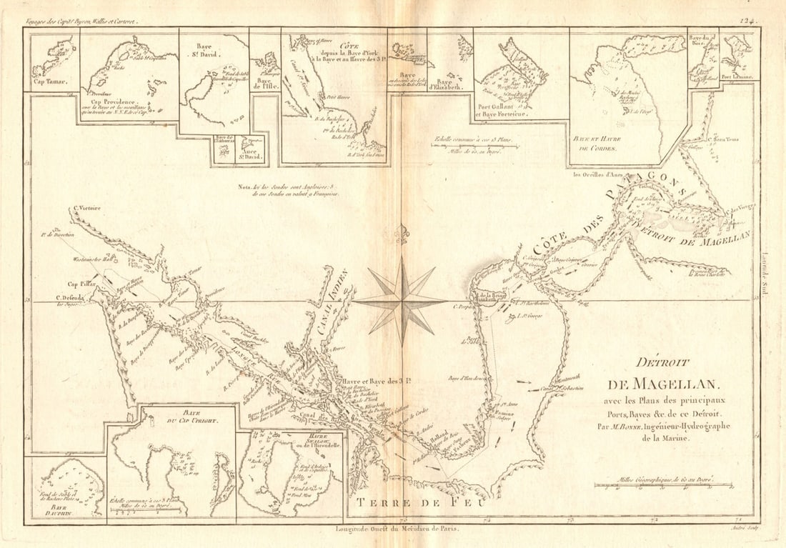 Détroit de Magellan. Strait of Magellan. Chile. BONNE 1788 old antique map (1 of 1)
