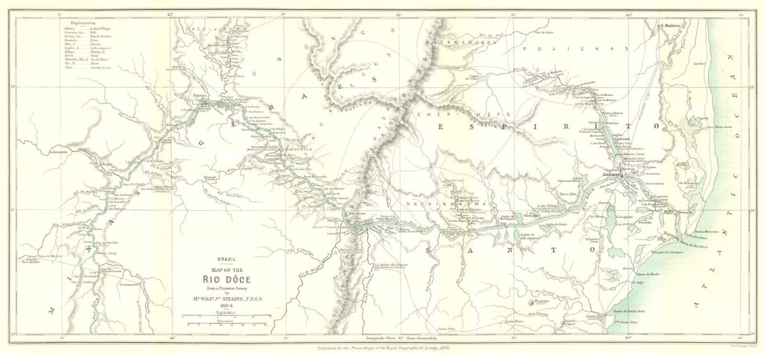 BRAZIL. Rio Dôce (Doce) . Linhares. From Steains survey. RGS 1888 old map (1 of 1)