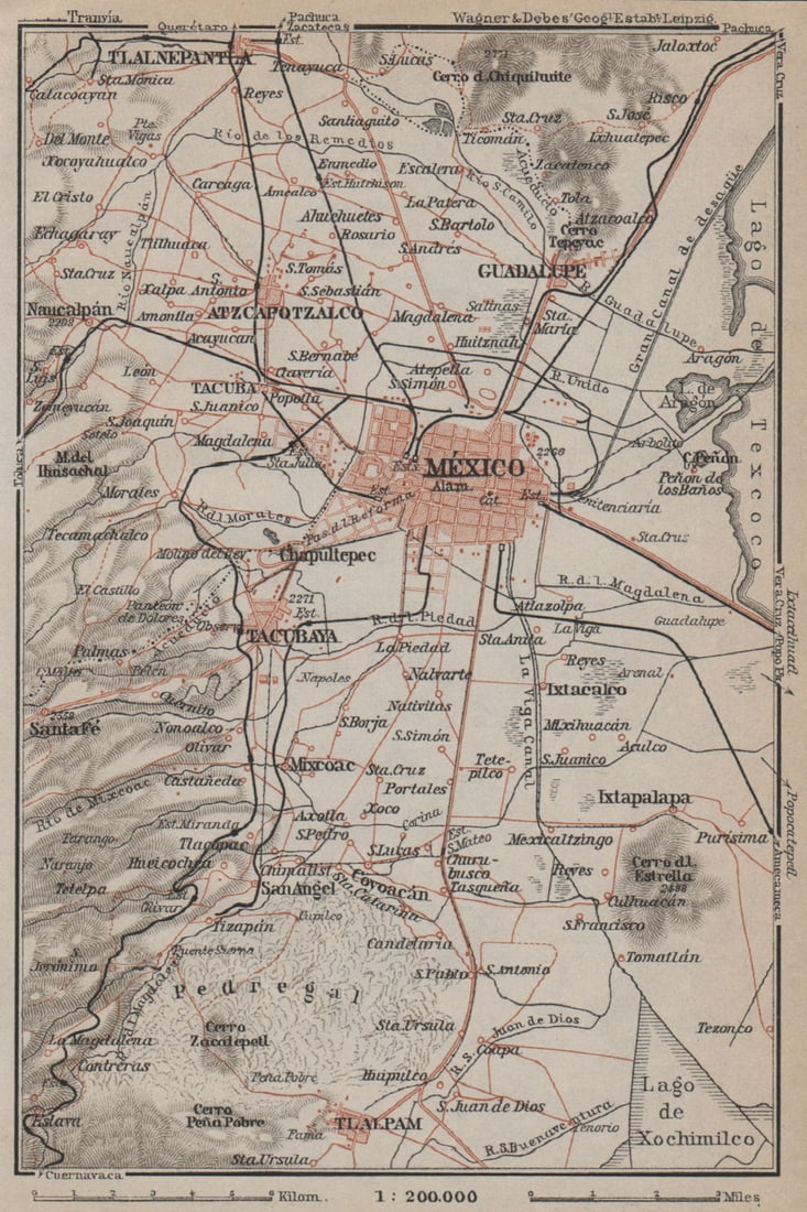 MEXICO CITY environs. Tacubaya Atzcapotzalco Tlalpam mapa. BAEDEKER 1909: Title: MEXICO CITY environs. Tacubaya Atzcapotzalco Tlalpam mapa. BAEDEKER 1909 Description: The environs of Mexico City'. Places shown on the map include: Tacubaya Atzcapotzalco by Baedeker, Karl / W