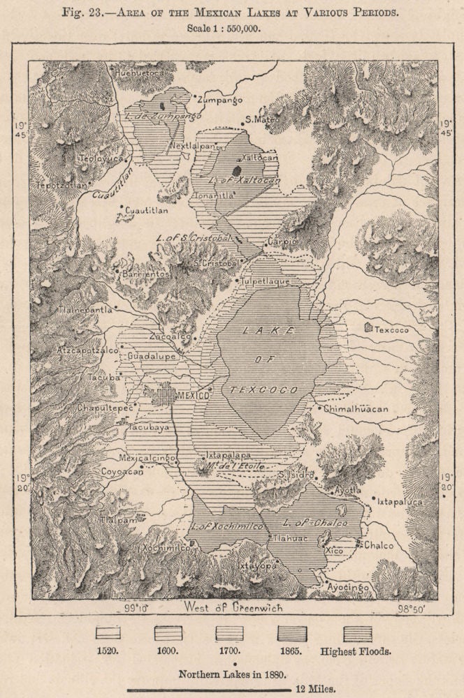 Area of the Mexican Lakes at various periods. Mexico 1885 old antique map (1 of 1)