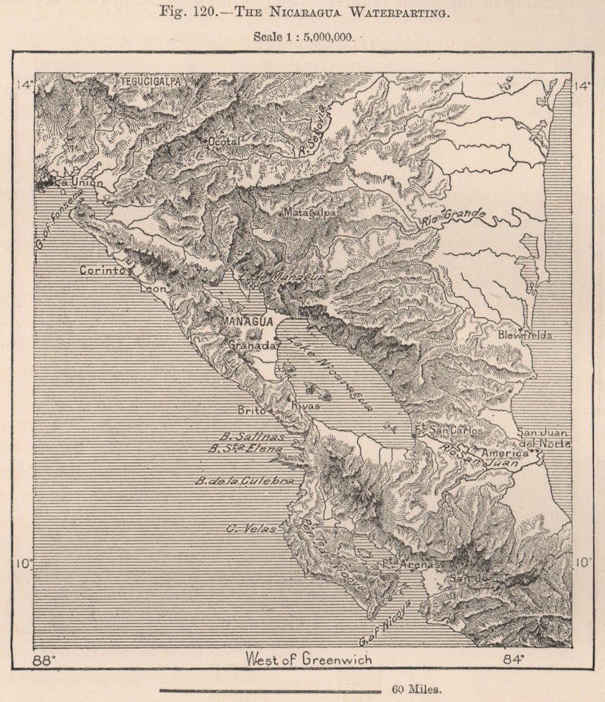 Nicaragua waterparting/divide. Relief. Central America 1885 old antique map (1 of 1)