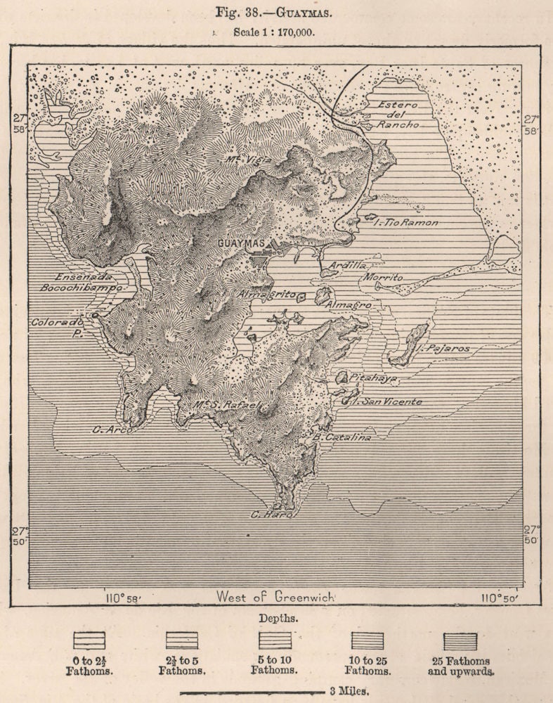 Guaymas. Mexico 1885 old antique vintage map plan chart: Title: Guaymas. Mexico 1885 old antique vintage map plan chart Description: Guaymas'. Engraved for Élisée Reclus. Published 1885. Antique wood-engraved map. Scale 1:170,000. Size 15 x 12 cm