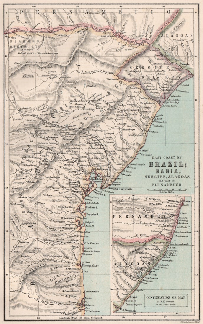 BRAZIL COAST. Salvador de Bahia Sergipe Alagoas Pernambuco. BARTHOLOMEW 1886 map: Title: BRAZIL COAST. Salvador de Bahia Sergipe Alagoas Pernambuco. BARTHOLOMEW 1886 map Description: East coast of Brazil; Bahia, Sergipe, Alagoas and part of Pernambuco; Inset continuation of map at