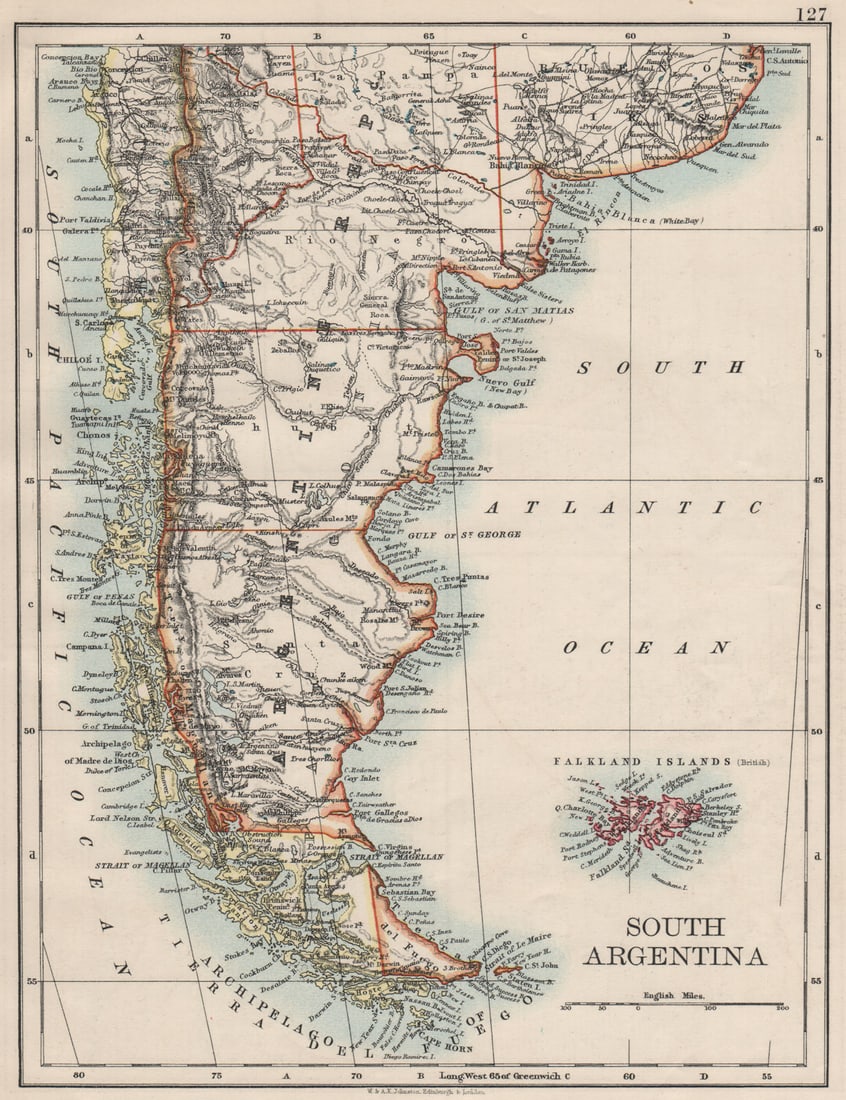 PATAGONIA. Southern Argentina & Chile. Falkland Islands. JOHNSTON 1900 old map: Title: PATAGONIA. Southern Argentina & Chile. Falkland Islands. JOHNSTON 1900 old map Description: South Argentina'. W. & A.K. Johnston, Limited, Edinburgh & London. Published 1900. Antique colour map