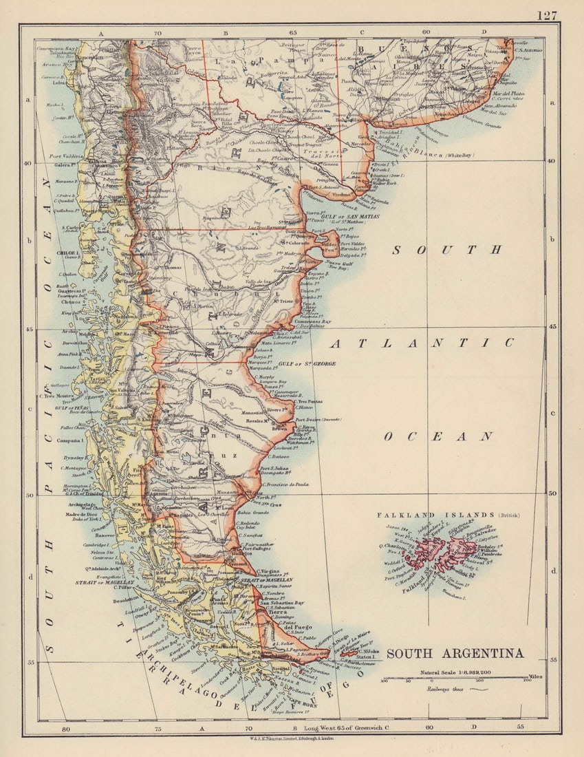 PATAGONIA. Southern Argentina & Chile. Falkland Islands. JOHNSTON 1910 old map: Title: PATAGONIA. Southern Argentina & Chile. Falkland Islands. JOHNSTON 1910 old map Description: South Argentina' by Johnston, W & AK. Published 1910. Colour antique map. Size 28 x 22 cm | 11.0 x