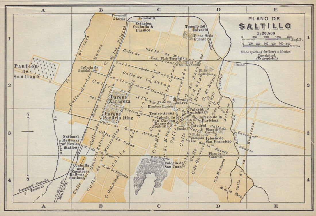 Plano de SALTILLO, Mexico. Mapa de la ciudad. City/town plan 1938 old: Title: Plano de SALTILLO, Mexico. Mapa de la ciudad. City/town plan 1938 old Description: Plano de Saltillo' by Terry, T. Philip. Published 1938. Vintage tourist map. Size 10 x 15 cm | 4.0 x 6.0