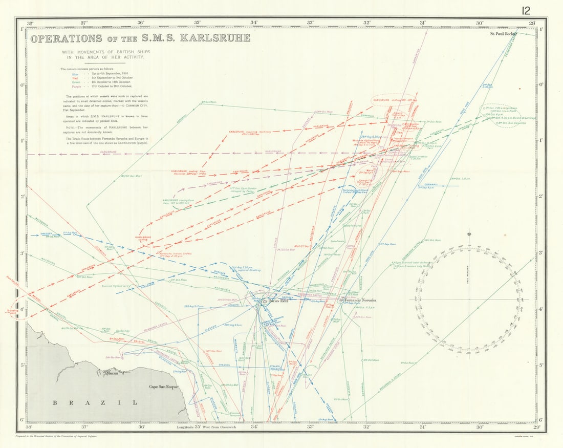 SMS Karlsruhe operations 1914. British movements. First World War. 1920 map (1 of 1)