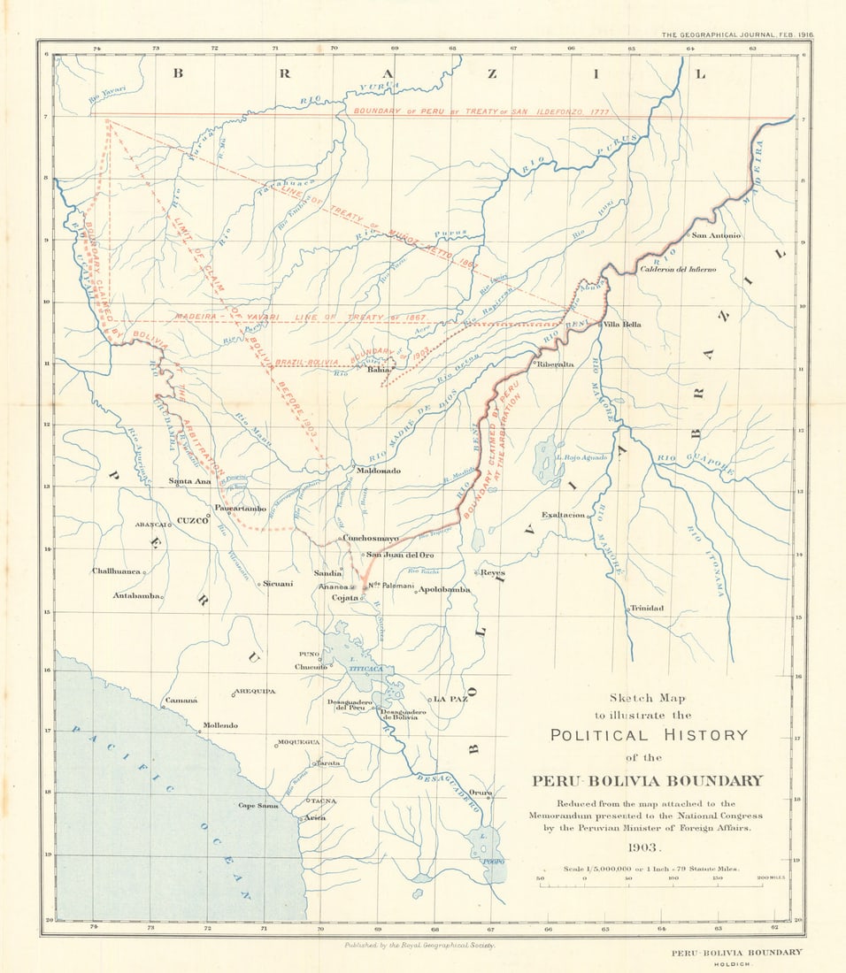 Political history of the Peru-Bolivia Boundary. RGS/Col. T.H. Holdich 1916 map (1 of 1)