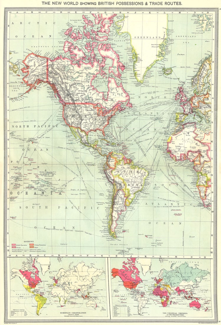 AMERICAS. British colonies trade routes; European Colonization 1907 old map (1 of 1)
