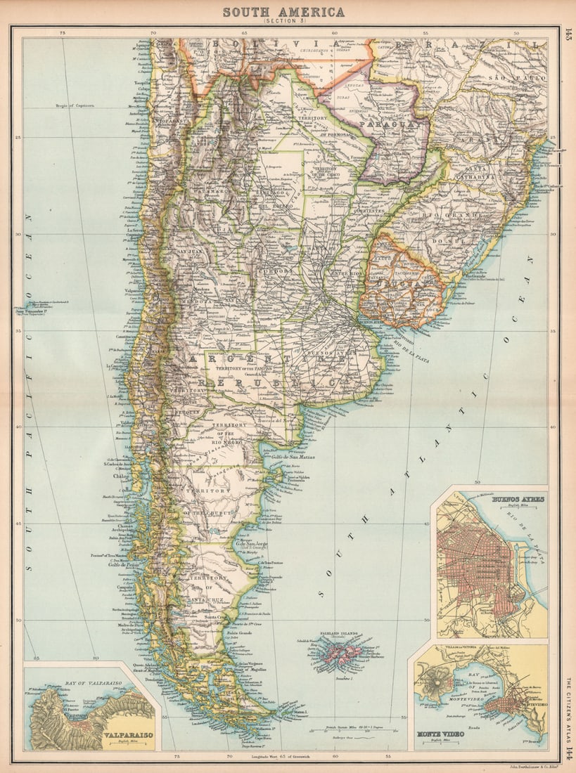 S AMERICA. Argentina Chile Uruguay Paraguay. Buenos Aires; Valparaiso 1912 map: Title: S AMERICA. Argentina Chile Uruguay Paraguay. Buenos Aires; Valparaiso 1912 map Description: South America (Section 3); Inset maps of Valparaiso; Buenos Ayres; Monte Video'. John Bartholomew & C
