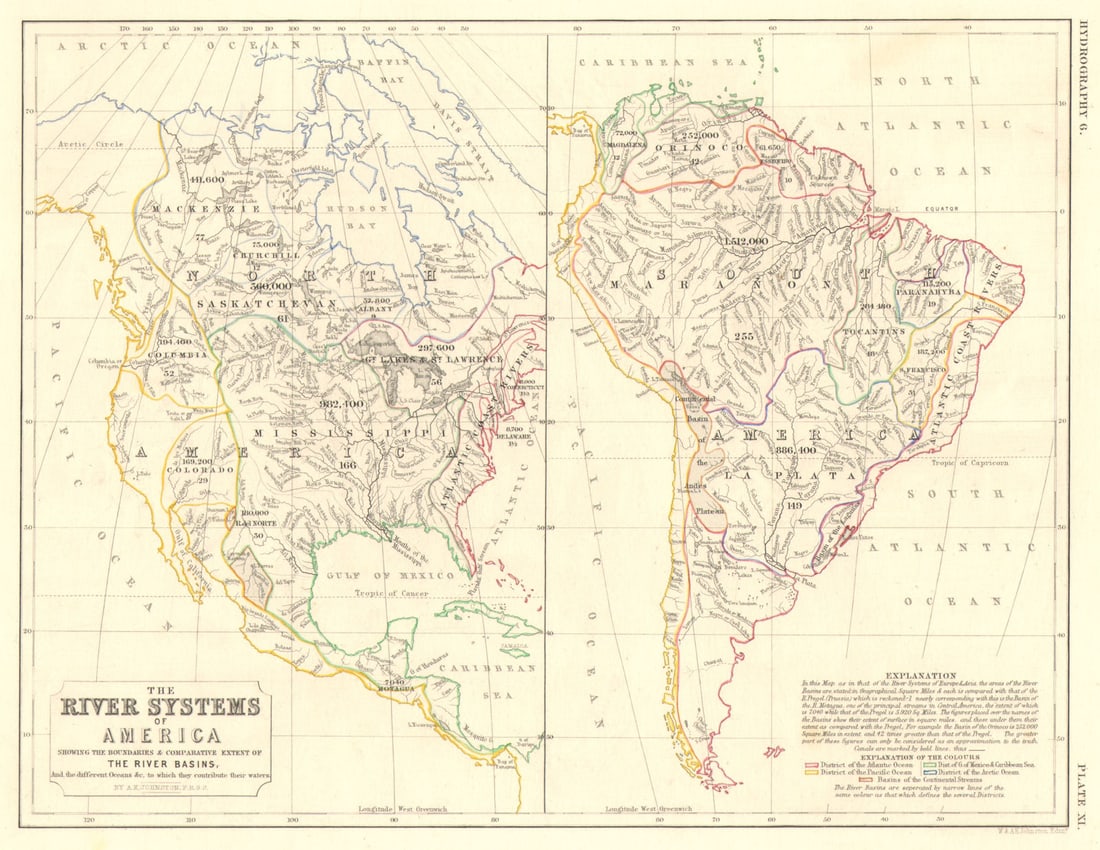 AMERICAS.North & South America river systems. Drainage divides/basins 1850 map (1 of 1)