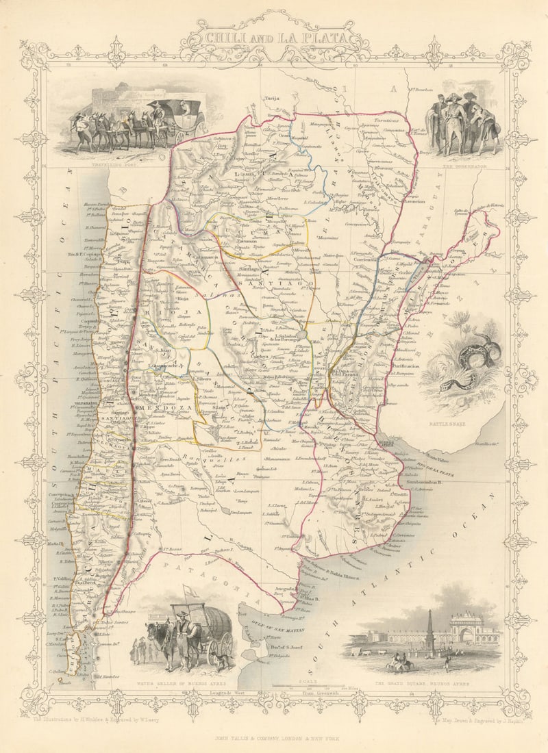 CHILI AND LA PLATA'. Central Chile & Argentina. TALLIS/RAPKIN 1851 old map (1 of 1)