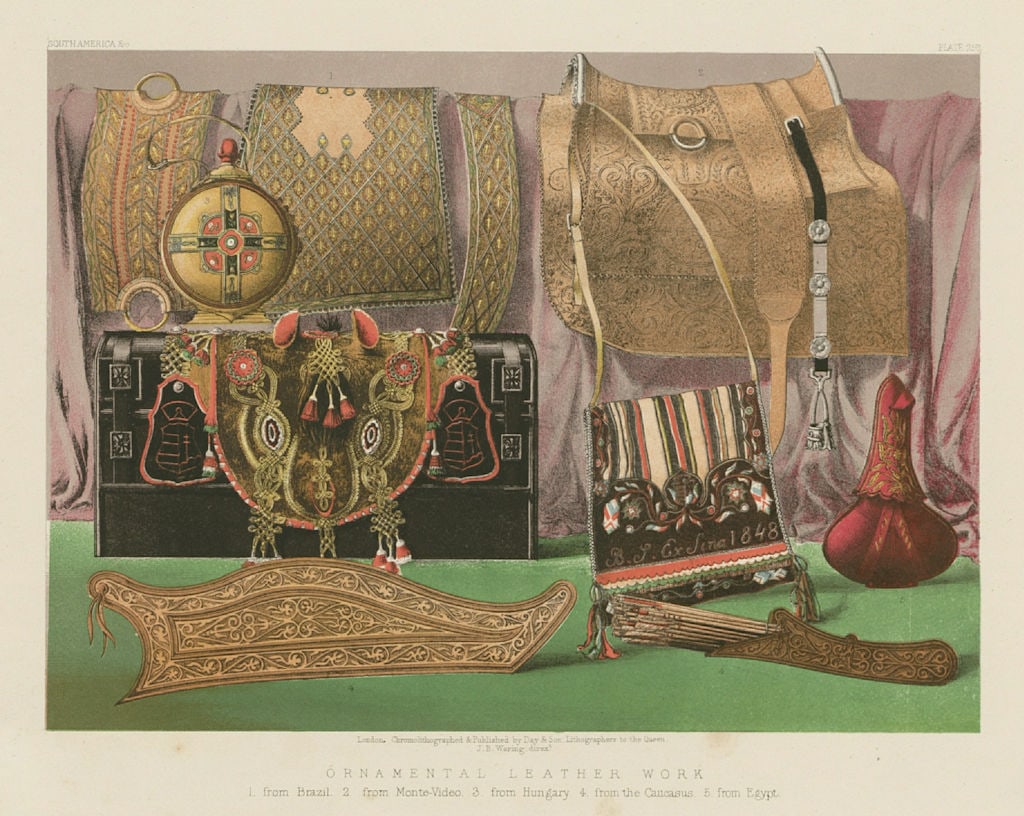 INTERNATIONAL EXHIBITION. Leather Brazil Montevideo Hungary Caucasus 1862: Title: INTERNATIONAL EXHIBITION. Leather Brazil Montevideo Hungary Caucasus 1862 Description: Ornamental Leather Work - 1. From Brazil 2. from Monte-Video 3. from Hungary, 4. from the Caucasus 5.