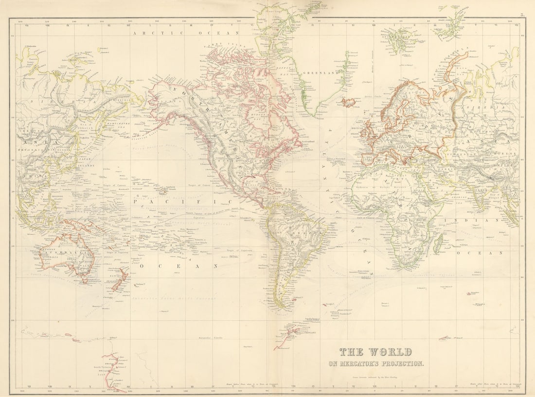 World on Mercator's Projection. Centred on Americas. BARTHOLOMEW 1898 old map (1 of 1)