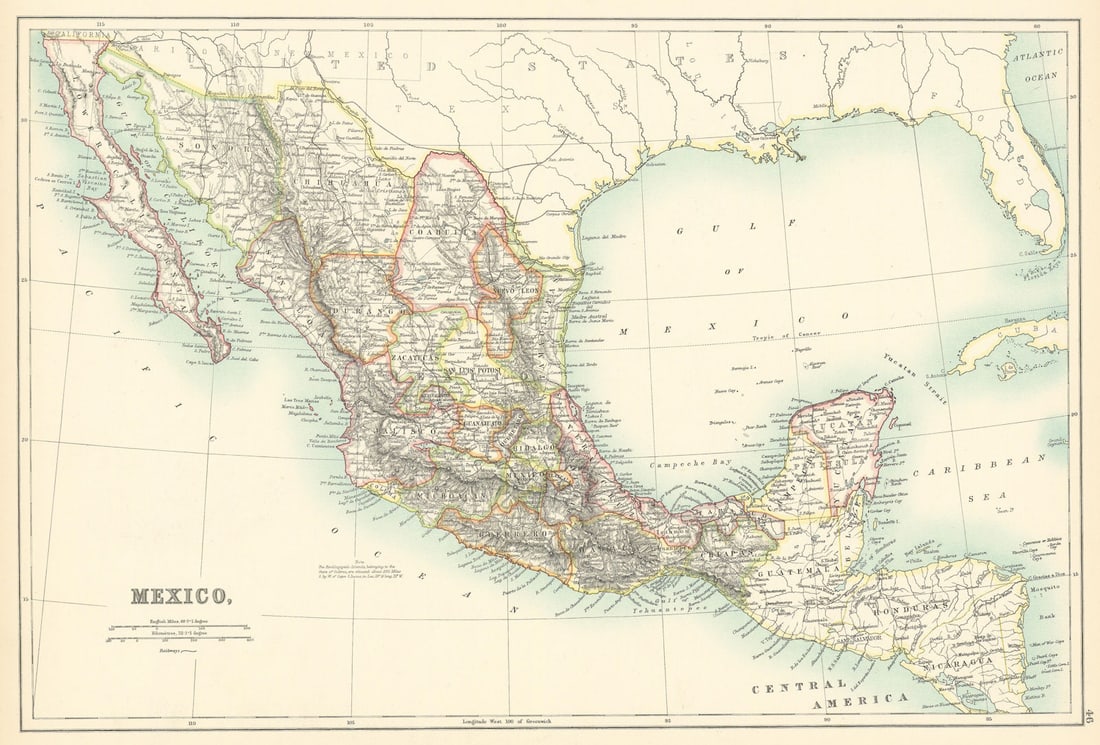 Mexico in states. Railways. BARTHOLOMEW 1898 old antique map plan chart (1 of 1)