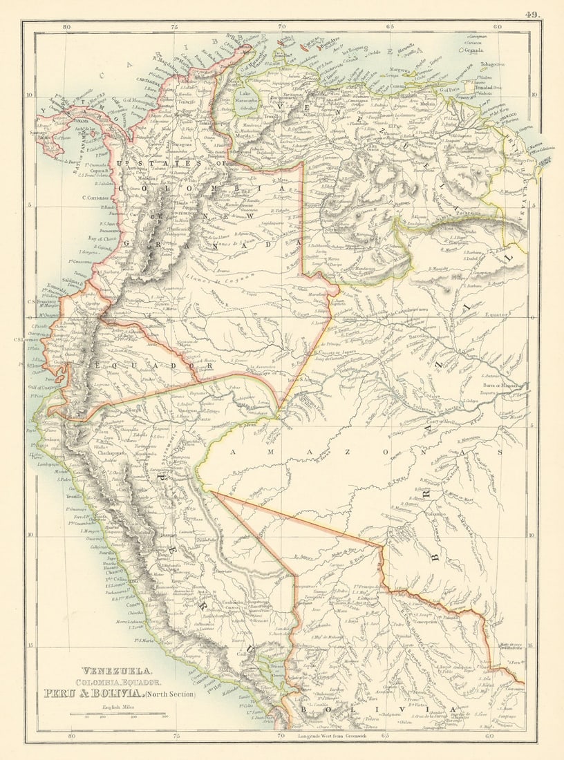 Venezuela, Colombia, Equador & Peru. Andean States Ecuador. BARTHOLOMEW 1898 map (1 of 1)