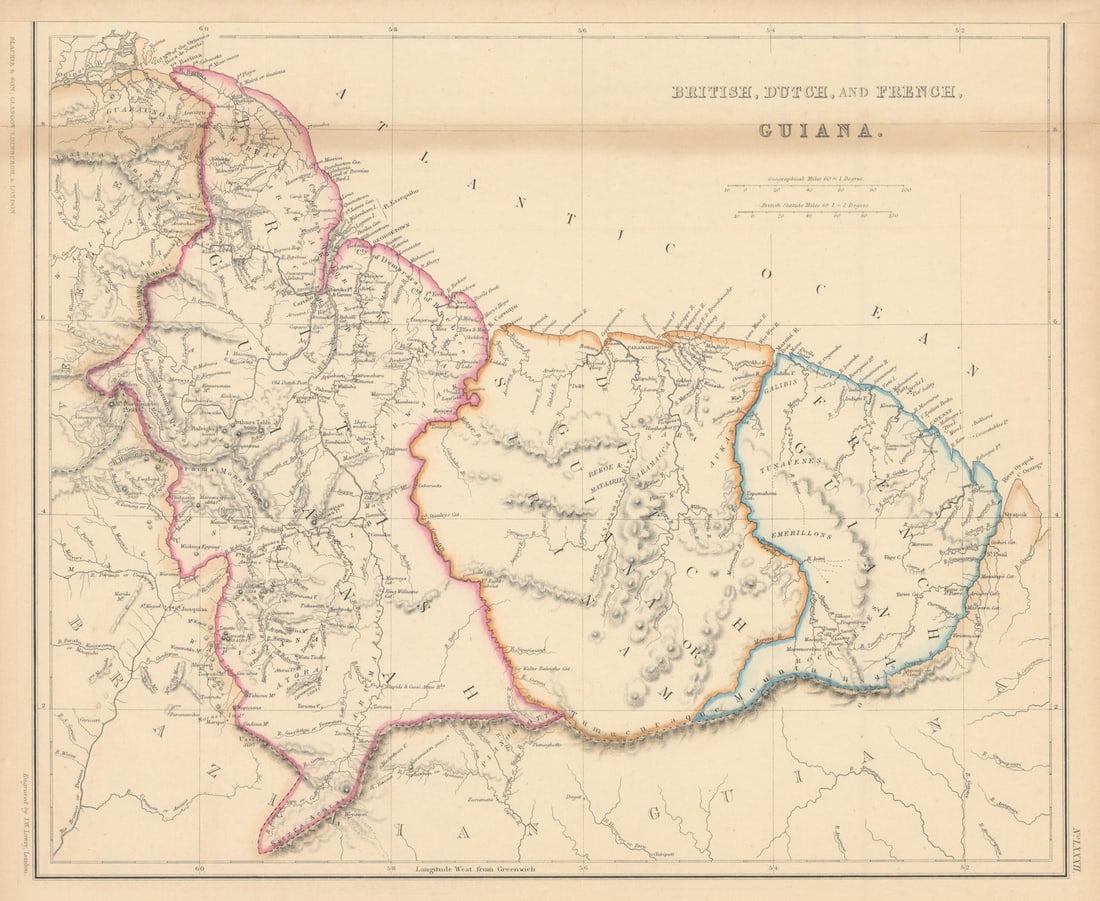 British, Dutch & French Guiana. Suriname Guyana. LOWRY 1860 old antique map (1 of 1)