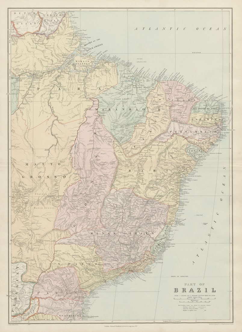 Brazil - eastern part. States. Large. 74x54cm. STANFORD 1904 old antique map (1 of 1)