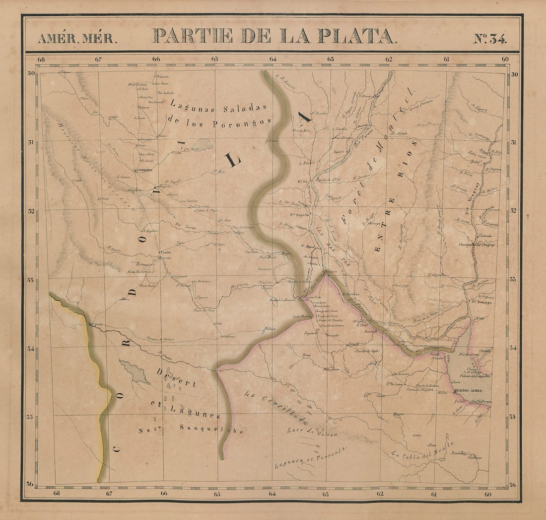 Amér. Mér. La Plata #34. East-central Argentina. VANDERMAELEN 1827 old map: Title: Amér. Mér. La Plata #34. East-central Argentina. VANDERMAELEN 1827 old map Description: Amérique Méridionale - Partie de la Plata - No. 34'. East-central Argentina including