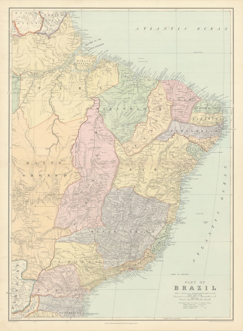 Brazil - eastern part. States. Large. 74x54cm. STANFORD 1904 old antique map (1 of 1)