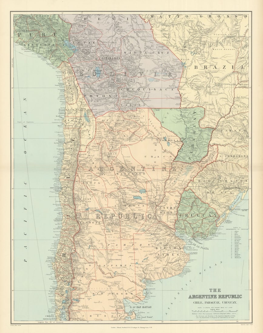 Argentine Republic, Chile, Paraguay & Uruguay. South America. STANFORD 1894 map (1 of 1)