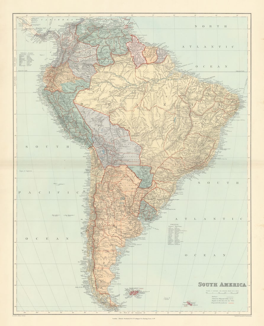 South America. Large 64x51cm. STANFORD 1896 old antique vintage map plan chart: Title: South America. Large 64x51cm. STANFORD 1896 old antique vintage map plan chart Description: South America'. Stanford's Geographical Establishment. Published 1896. Large (folio) antique atlas
