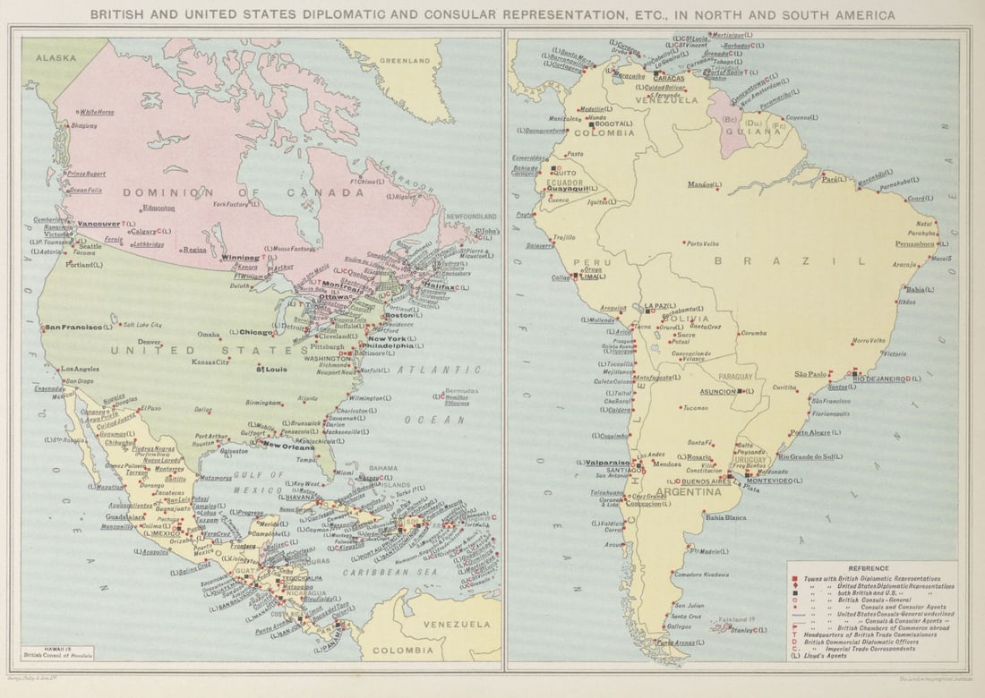 British & American Diplomatic Representation in North & South America 1927 map (1 of 1)