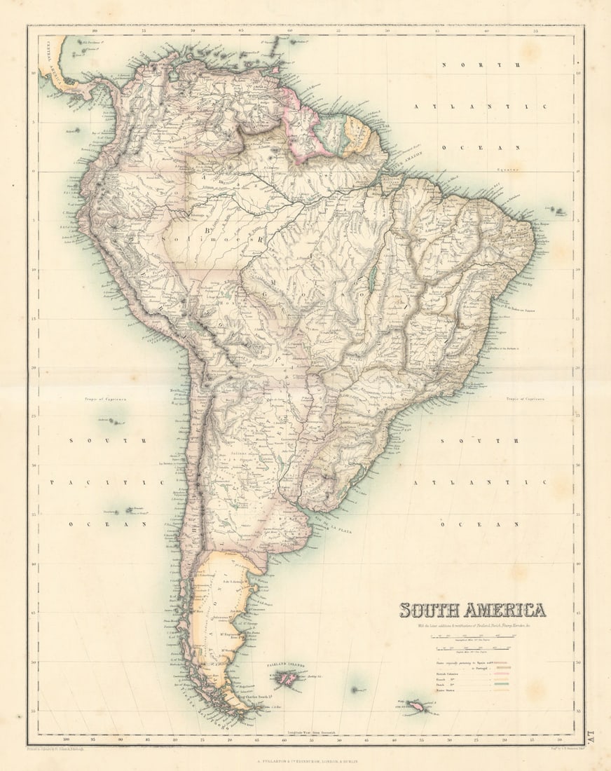 South America by SWANSTON / FULLARTON. Patagonia Guianas c1863 old antique map (1 of 1)