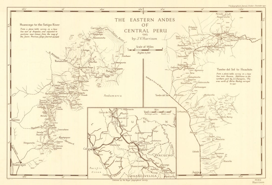 The Eastern Andes of Central Peru survey by John Vernon Harrison. RGS 1948 map: Title: The Eastern Andes of Central Peru survey by John Vernon Harrison. RGS 1948 map Description: The Eastern Andes of Central Peru, 1945 by J. V. Harrison'. Royal Geographical Society / John Vernon
